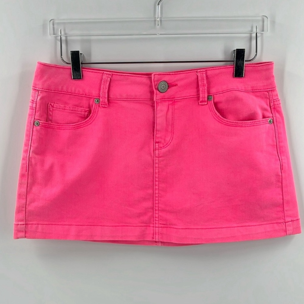 Aeropostale Y2k Neon Hot Pink Barbie Denim Jean Micro Mini Skirt Low Rise 3/4